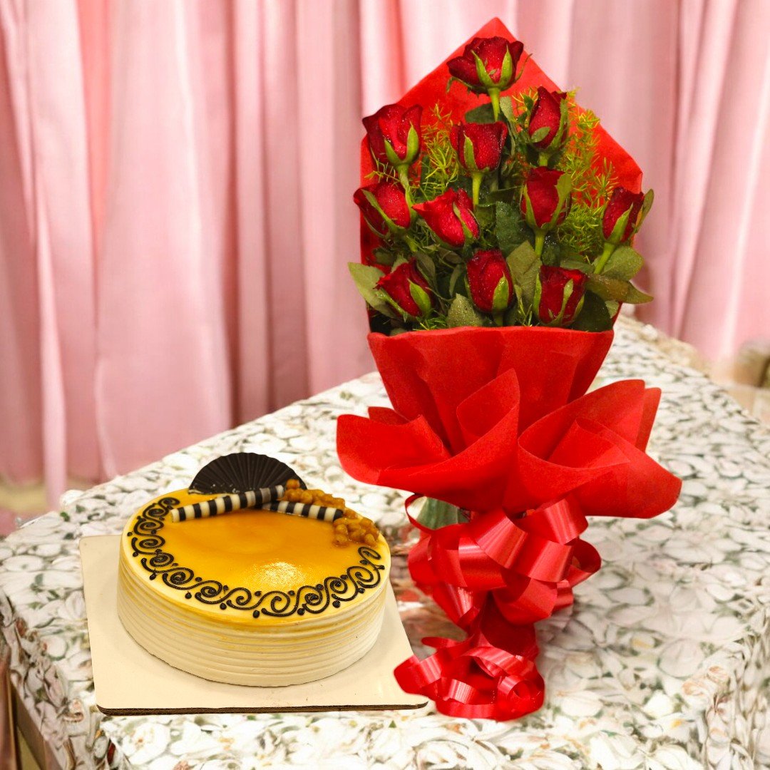 A bouquet of red roses paired with a butterscotch cake from BetterGiftFlowers