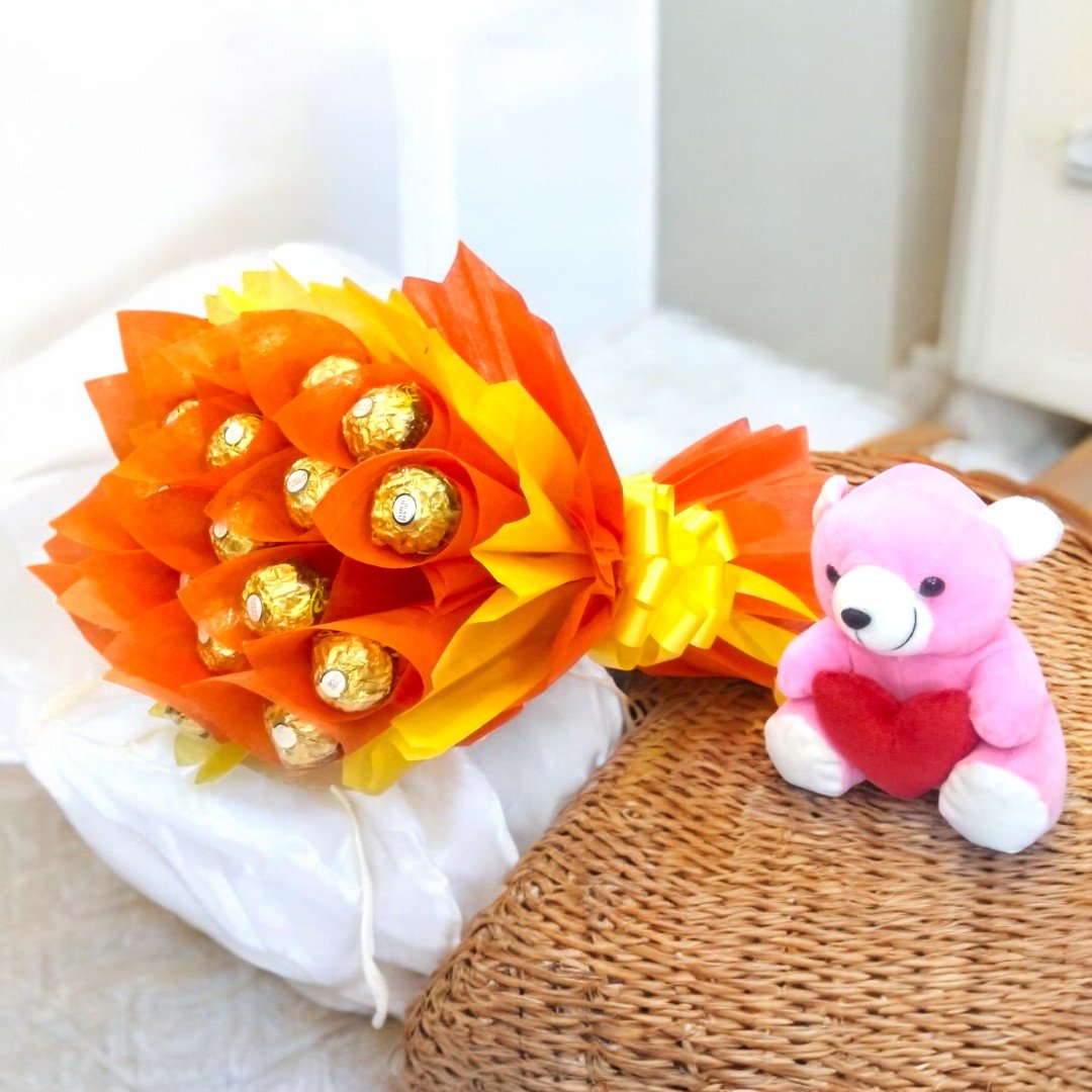 BetterGiftFlowers Ferrero Rocher chocolate bouquet with pink teddy bear