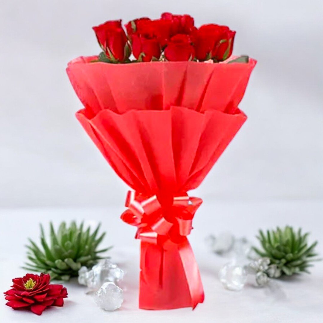 8 red roses bouquet with elegant red wrapping from BetterGiftFlowers