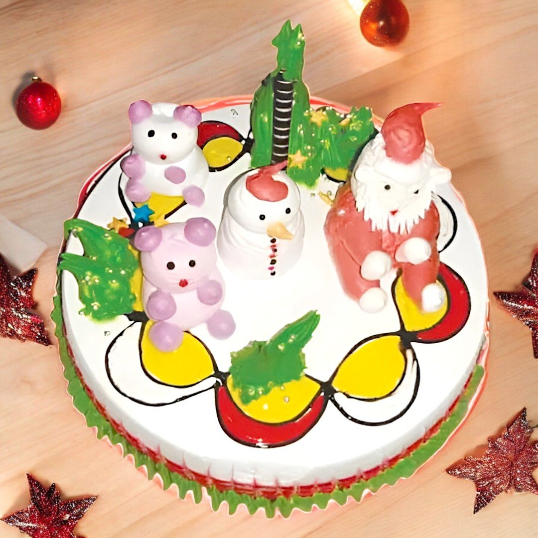 Festive Creamy Christmas Cake with Santa, snowman, and teddy bears - BetterGiftFlowers