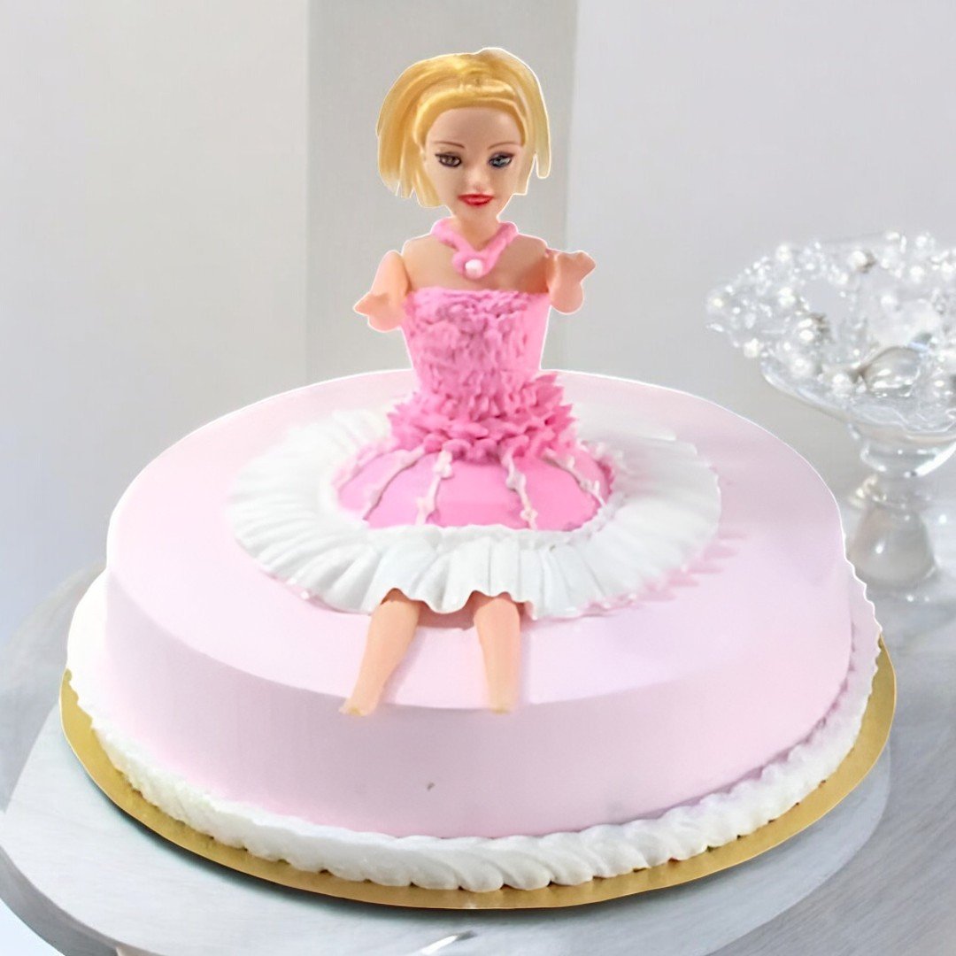 Beautiful Doll Cake by BetterGiftFlowers decorated with a pink dress on a soft pastel base, ideal for birthdays or special celebrations.