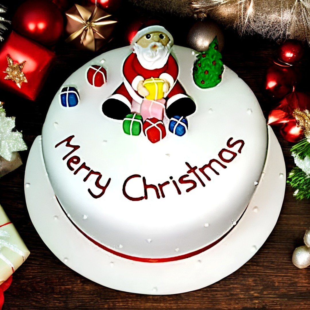 Merry Christmas Cake with Santa and presents design by BetterGiftFlowers, perfect for Christmas celebrations.