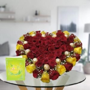 heart shape rose arrangement with ferrero