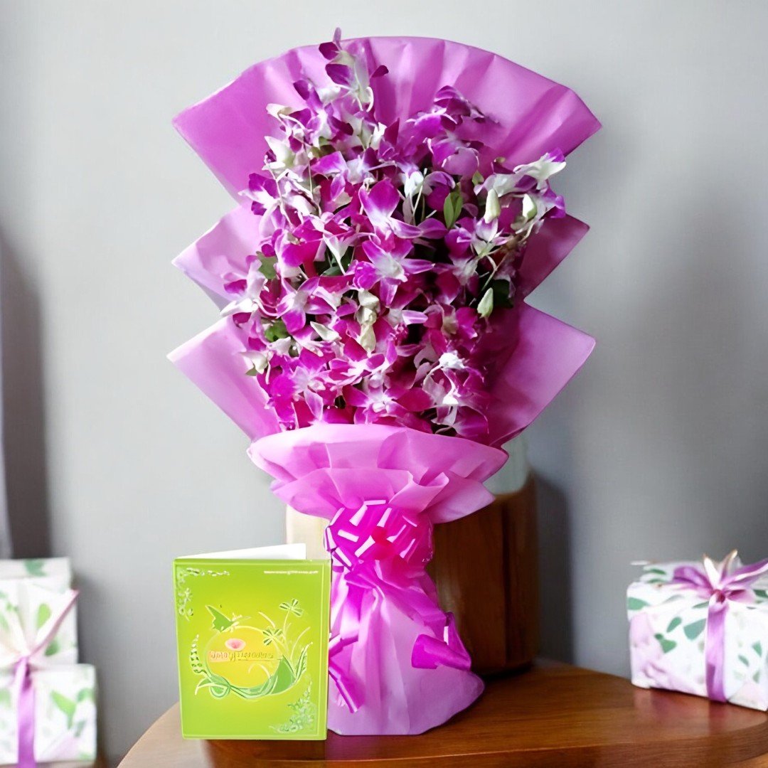 A Beautiful Orchid Bouquet by BetterGiftFlowers featuring a bouquet of 8 vibrant purple orchids wrapped in pink paper with a greeting card.