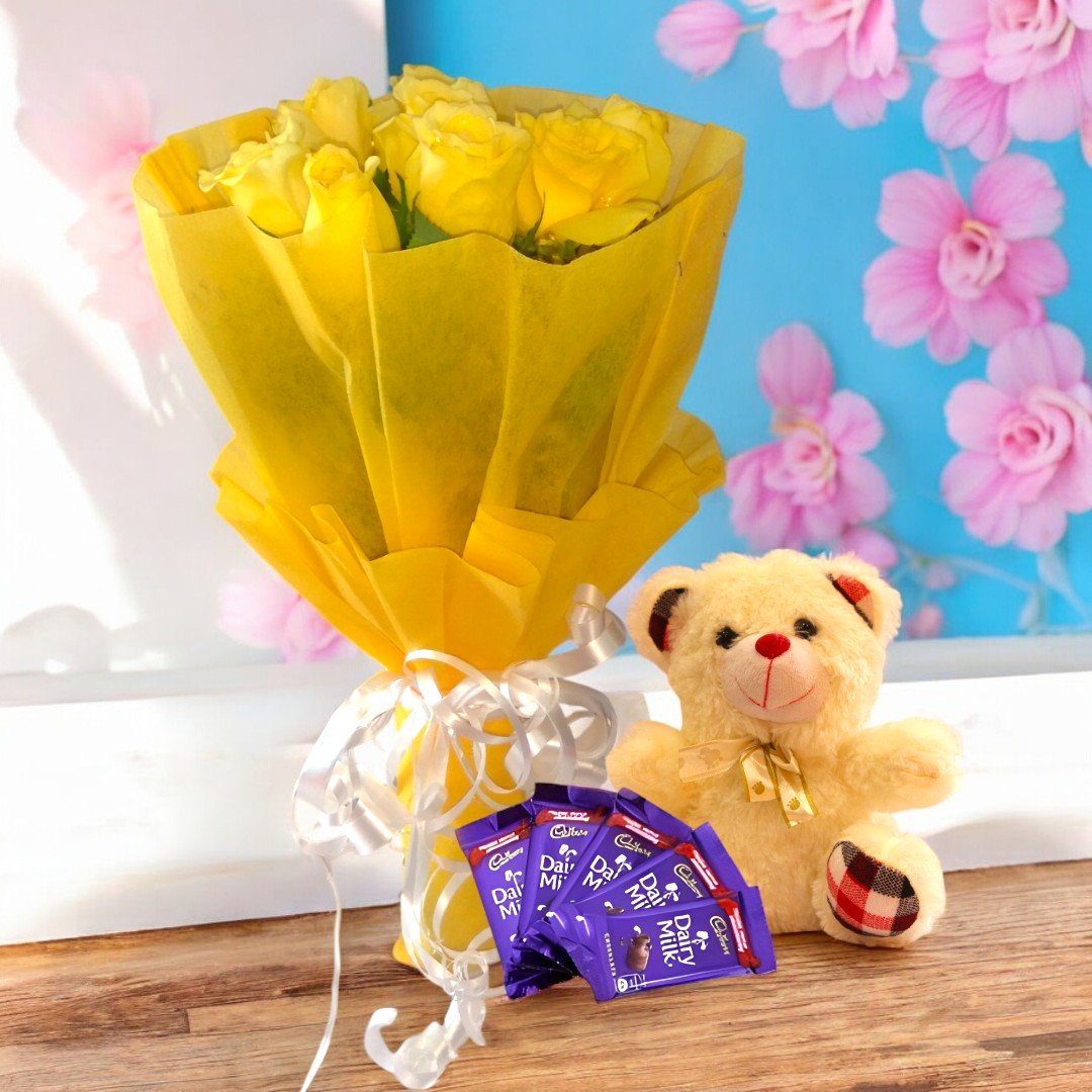 A Cute Combo with yellow rose bouquet, chocolates, and a teddy bear from BetterGiftFlowers