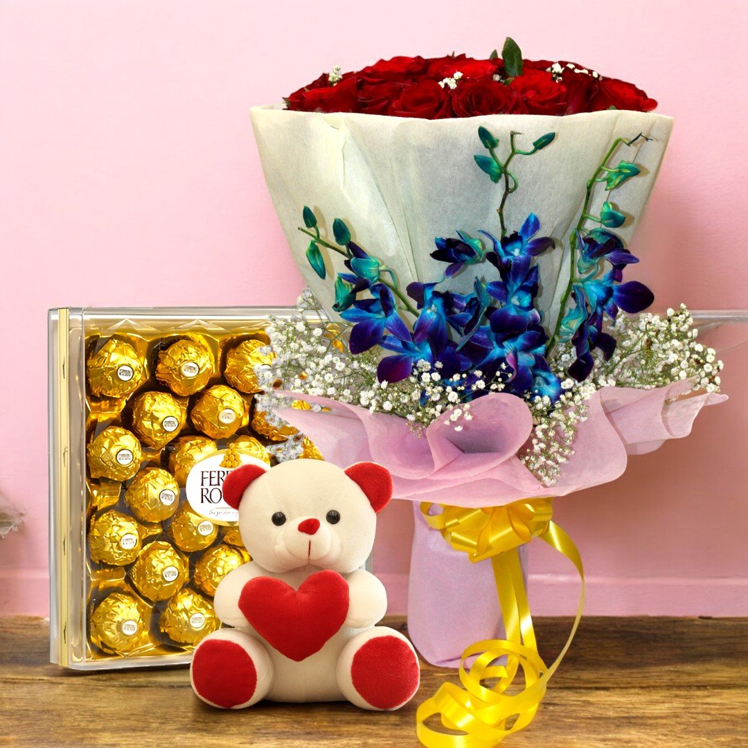 A luxurious combo of a rose and orchid bouquet with Ferrero Rocher chocolates and a teddy bear from BetterGiftFlowers.