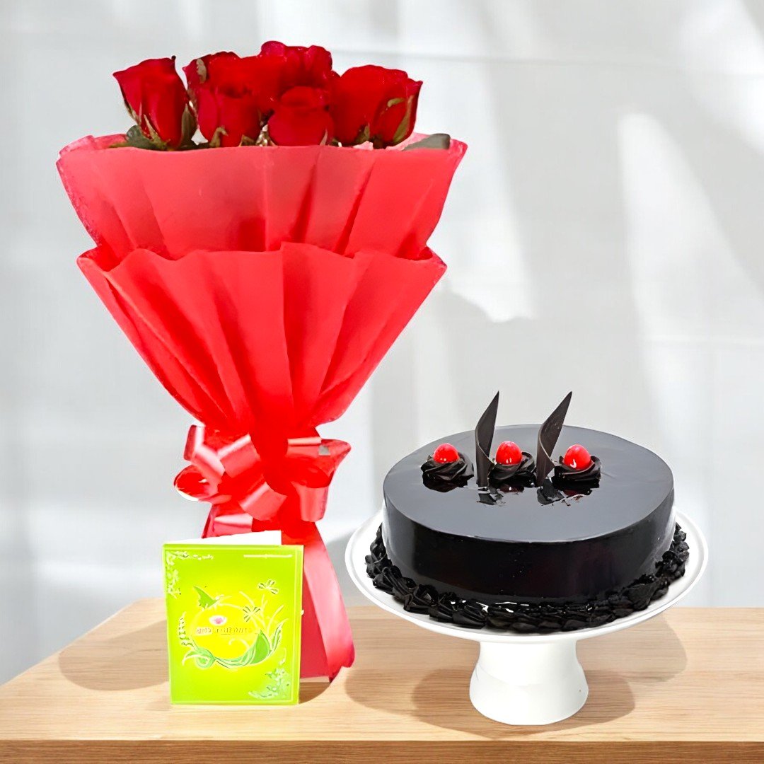 Chocolate cake and red rose bouquet by Better Gift Flowers, perfect for gifting special occasions.