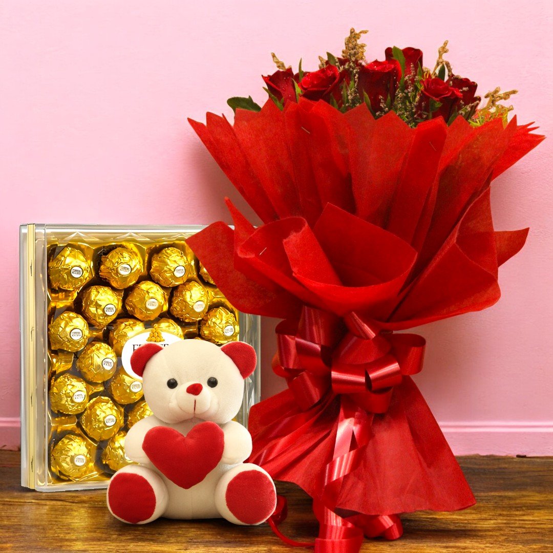 BetterGiftFlowers premium red rose bouquet, teddy, and Ferrero Rocher combo gift.