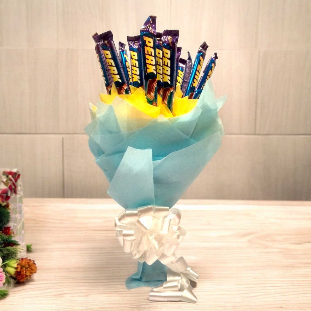 Perk Chocolate Bouquet by BetterGiftFlowers with 15 Perk chocolates in vibrant blue and yellow wrapping.