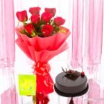 Roses & Chocolate Cake combo by BetterGiftFlowers featuring a fresh red roses bouquet and a rich chocolate cake