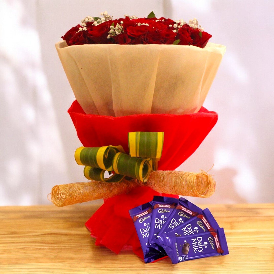 BetterGiftFlowers Roses N Dairy Milk bouquet featuring fresh red roses and Dairy Milk chocolates.