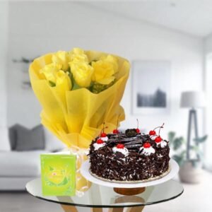 Yellow Roses and black forest cake