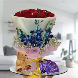 roses, orchids, chocolates, teddy