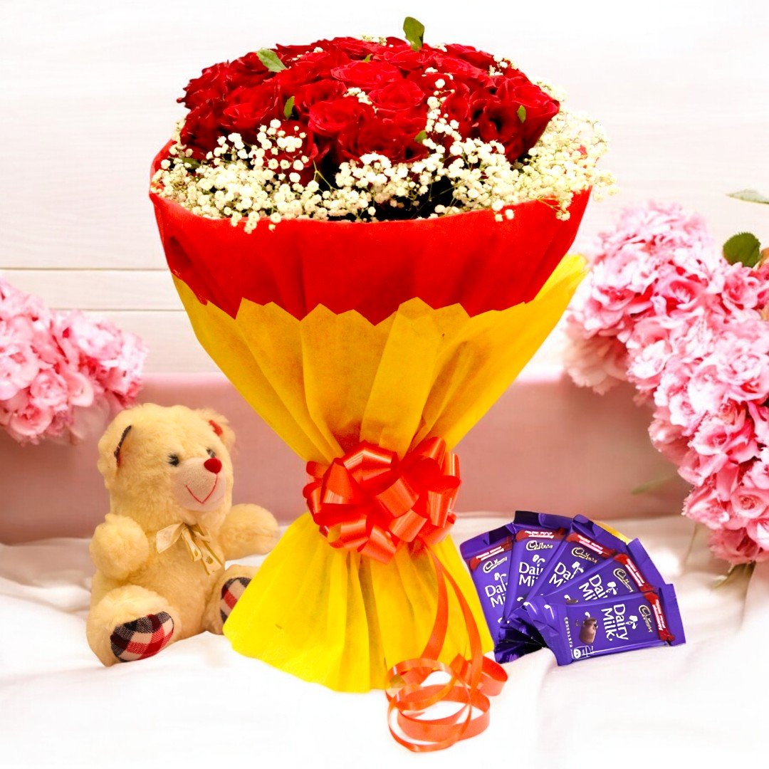 Something To Impress - BetterGiftFlowers red rose bouquet with chocolates and teddy.