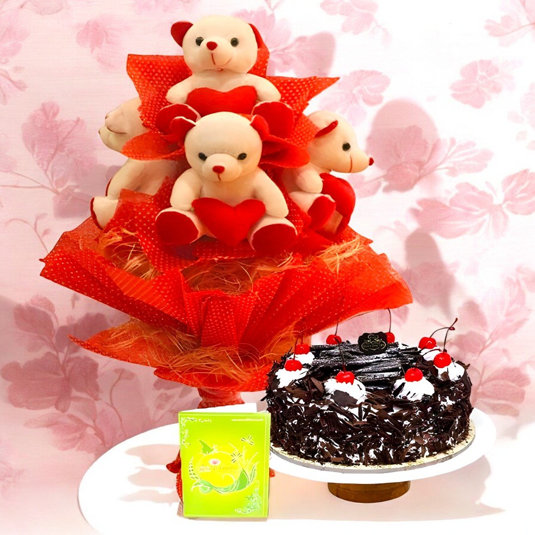 BetterGiftFlowers Teddy Bouquet and Cake – Soft teddies with a delicious black forest cake.