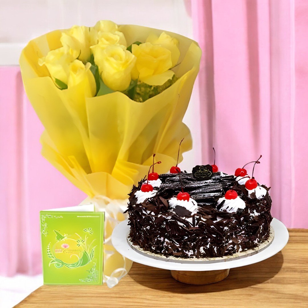 Yellow rose bouquet paired with black forest cake for gifting from BetterGiftFlowers.