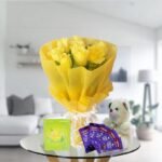 yellow roses chocolates and teddy