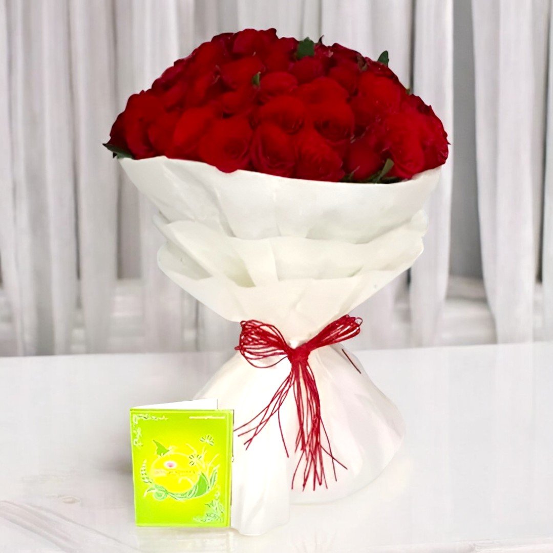 Better Gift Flowers 50 Red Roses Bouquet wrapped in white paper with a greeting card, showcasing a luxurious floral arrangement for special occasions.