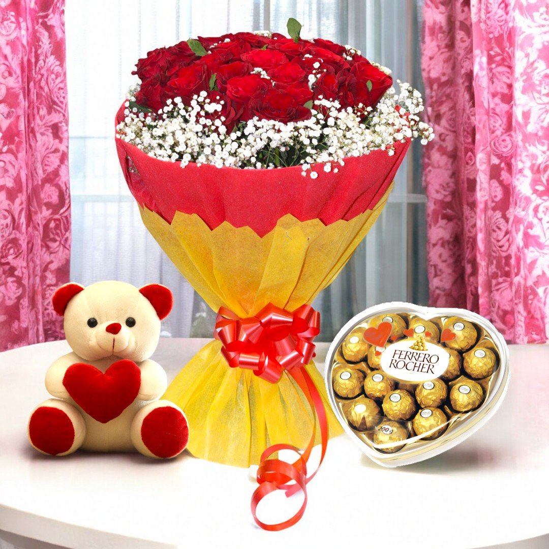 Better Gift Flowers Love U Heart combo featuring a bouquet of red roses, a plush teddy bear, and Ferrero Rocher chocolates, perfect for expressing love.