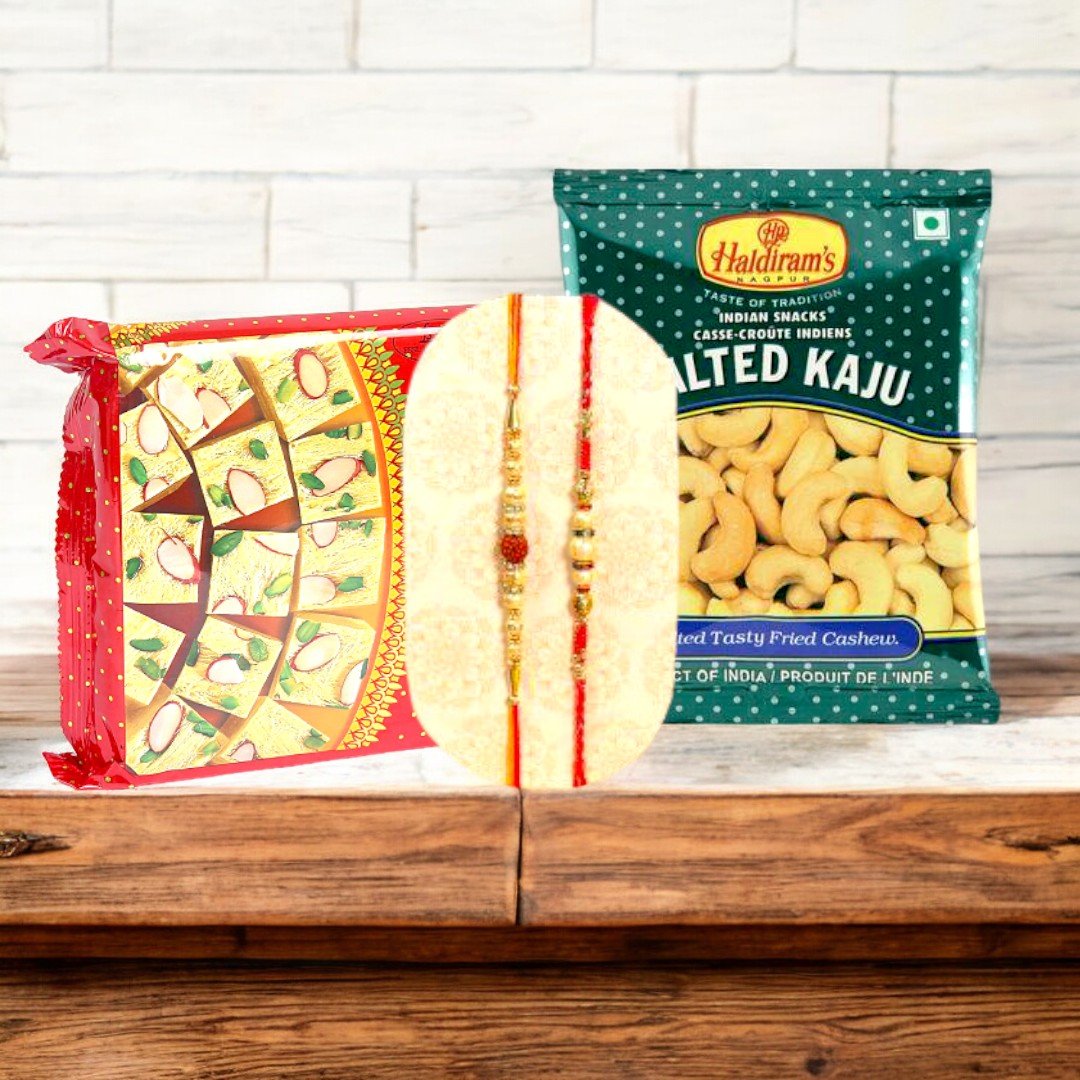 Better Gift Flowers Sweet Rakhi Gift combo featuring Haldiram’s Soan Papdi, Salted Kaju, and two Rakhis, perfect for Raksha Bandhan celebrations.