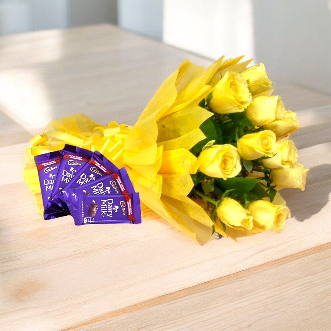 Bright N Chocolaty bouquet of yellow roses and Dairy Milk chocolates from BetterGiftFlowers.