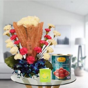 mix flowers bouquet and gulab jamun