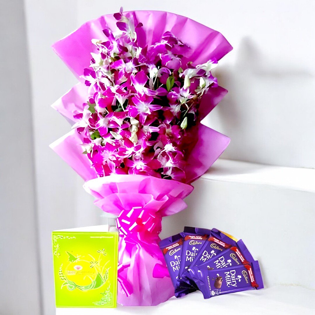 Image of "Elegant N Sweet" purple orchid bouquet with Dairy Milk chocolates and a greeting card by BetterGiftFlowers.