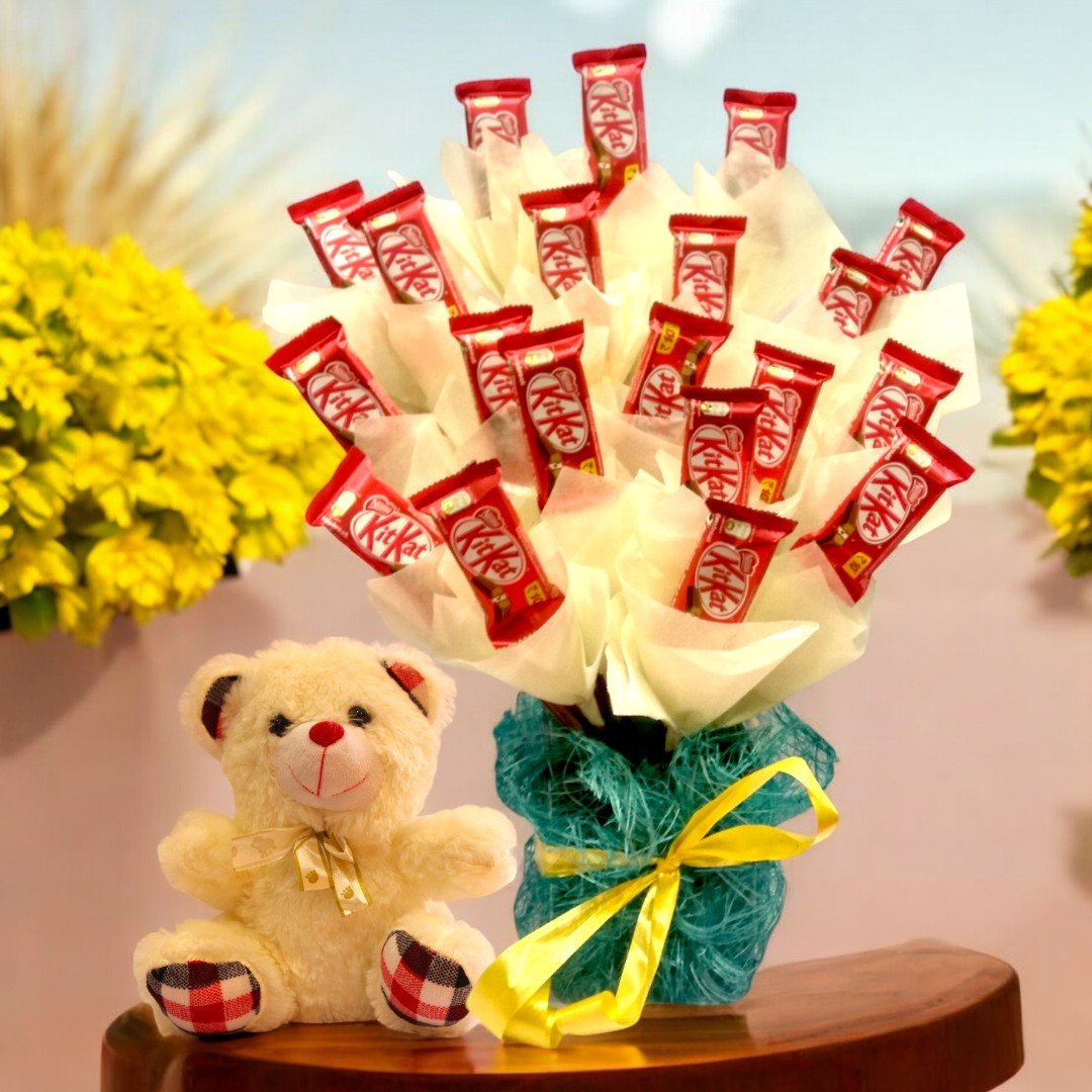 BetterGiftFlowers KitKat and Teddy Hamper featuring a bouquet of KitKat chocolates with a small teddy