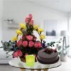 mix flowers basket and chocolate cake