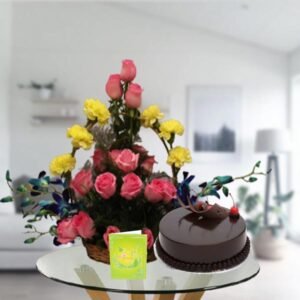 mix flowers basket and chocolate cake