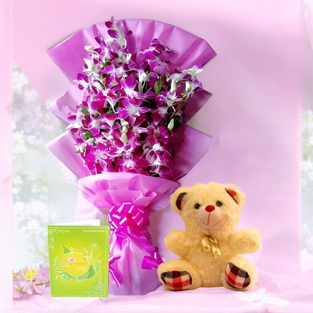 Purple orchids bouquet with a cute teddy bear from BetterGiftFlowers, beautifully wrapped in pink paper, perfect for gifting.