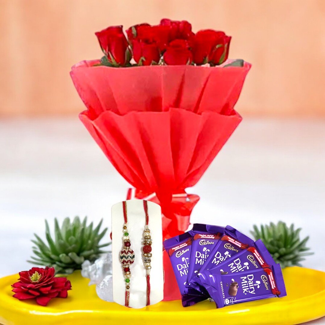 Red roses bouquet with two designer rakhis and Dairy Milk chocolates from BetterGiftFlowers.