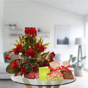 red roses arrangement and dry fruits