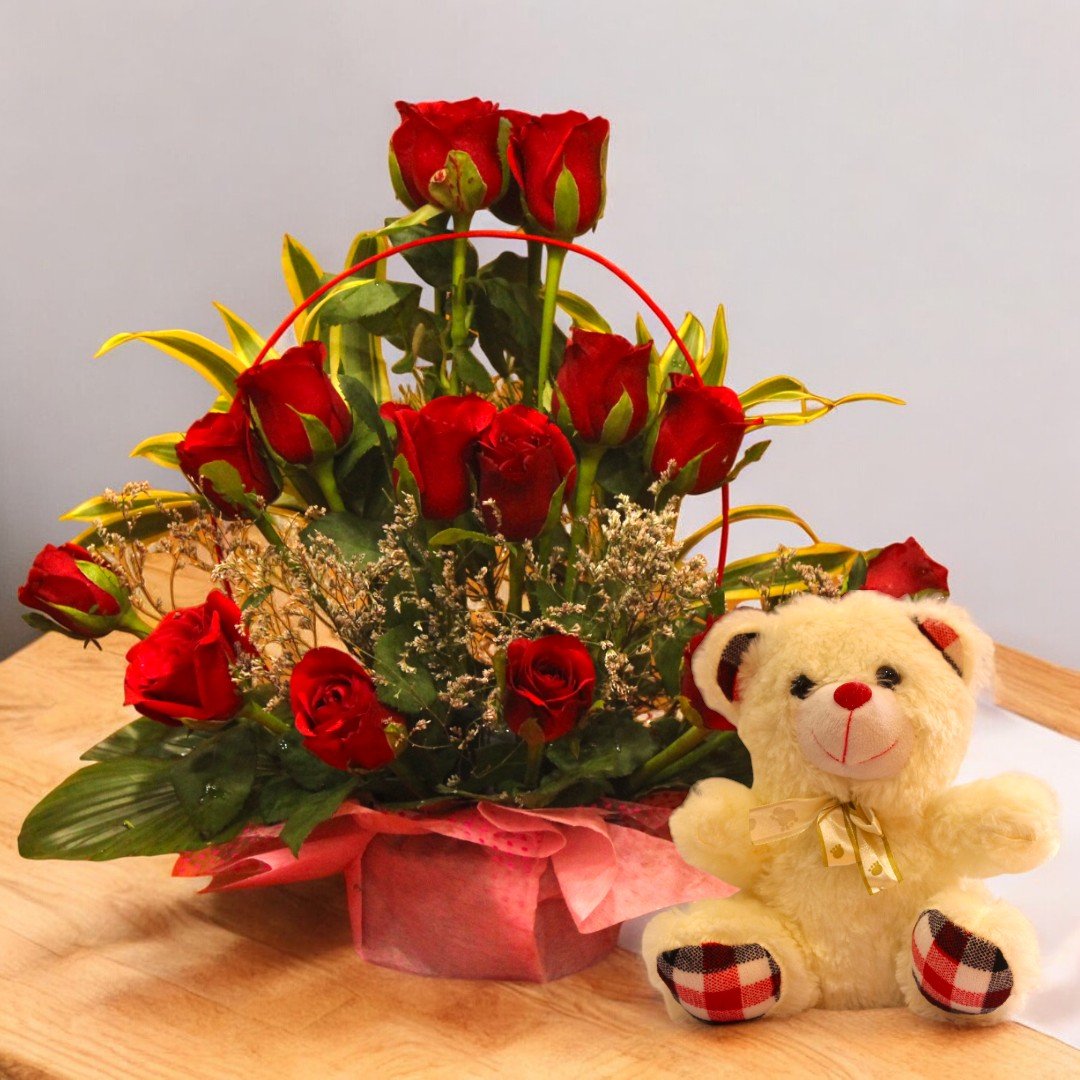 BetterGiftFlowers fresh red roses with a cute teddy bear perfect for gifting.