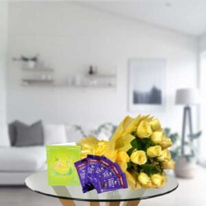 yellow rose bouquet and dairy milk chocolates
