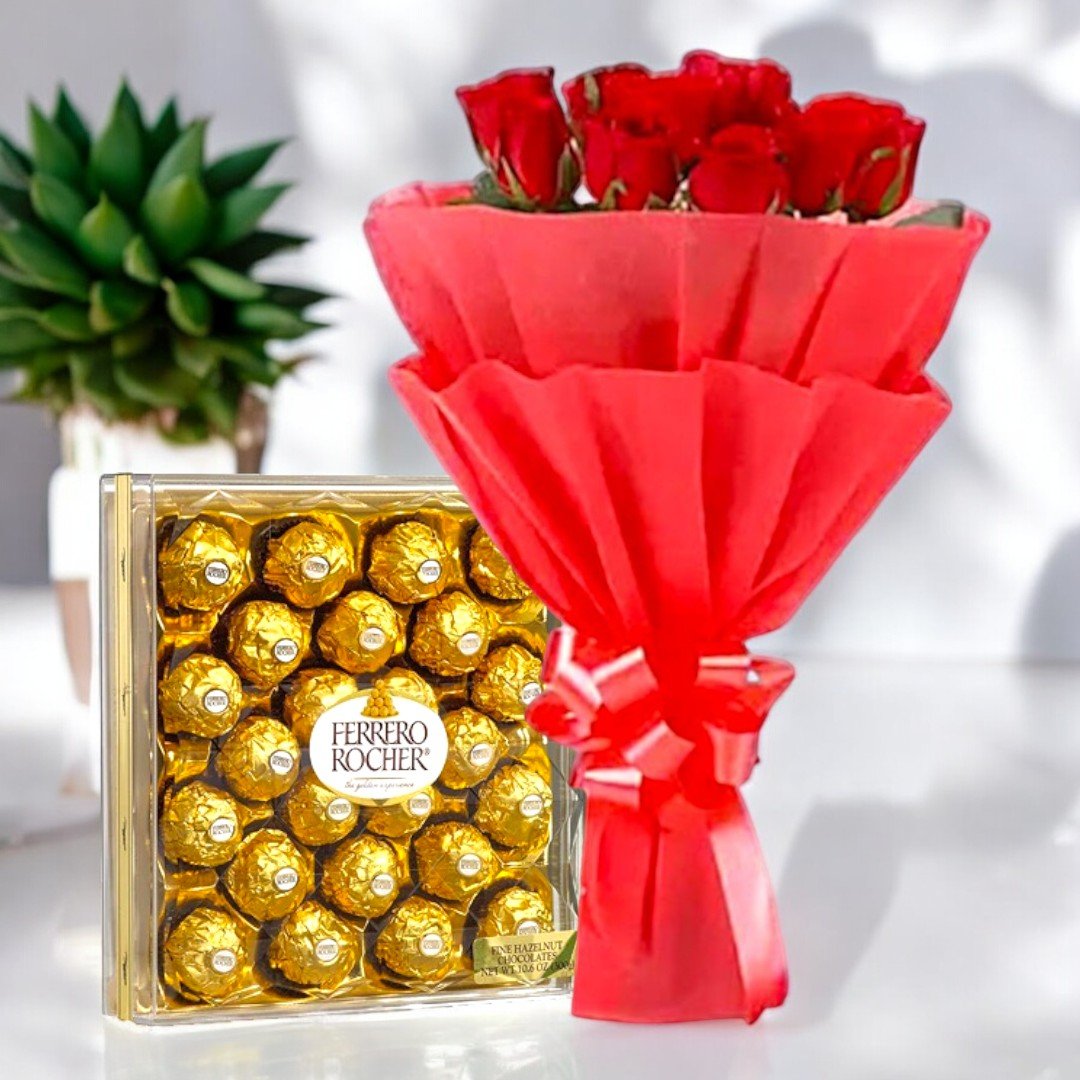 Roses and Ferrero Rocher gift set from BetterGiftFlowers featuring a bouquet of red roses and a 24-piece box of Ferrero Rocher chocolates.