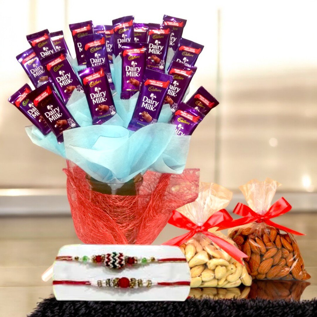 Better Gift Flowers Splendid Rakhi Gift Hamper featuring Cadbury Dairy Milk bouquet, almonds, cashews, and Rakhis