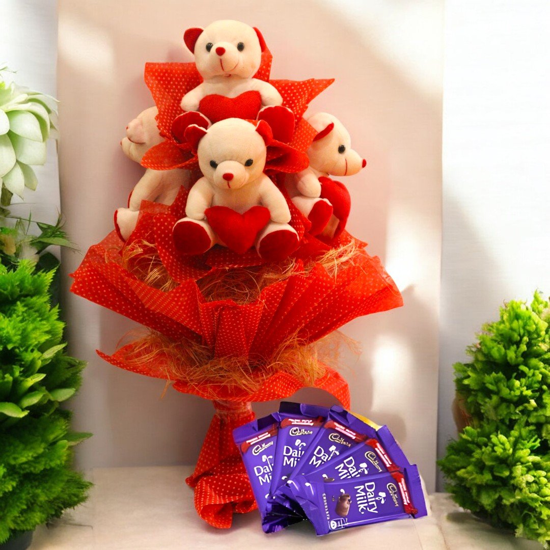 A stunning teddy bouquet with four soft teddies and Cadbury Dairy Milk chocolates by BetterGiftFlowers.