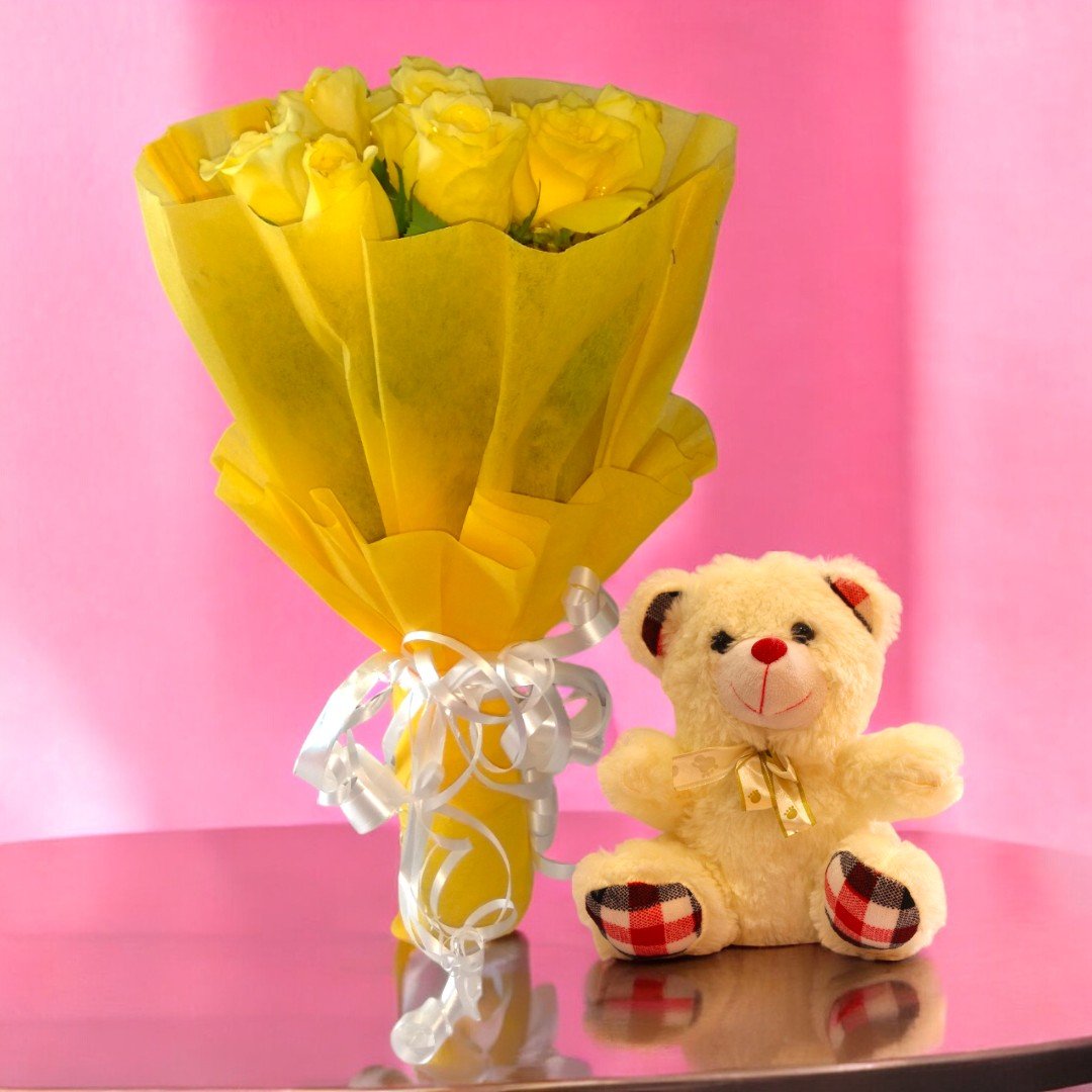 BetterGiftFlowers yellow roses bouquet and soft teddy bear combo for gifting