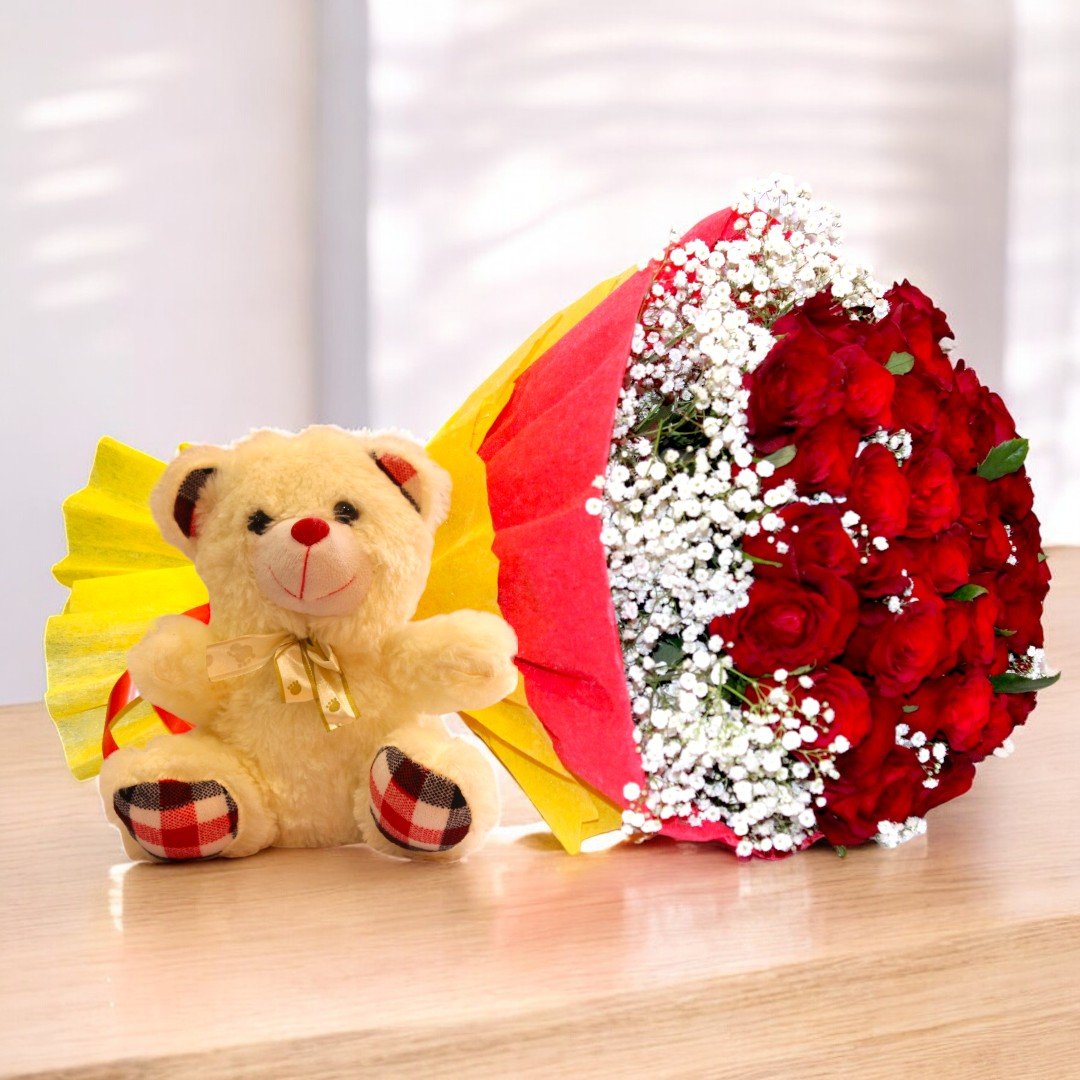 Cute teddy bear with red roses online