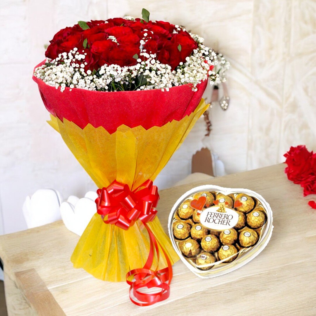 BetterGiftFlowers Elegance On Top combo of red rose bouquet and Ferrero Rocher chocolates