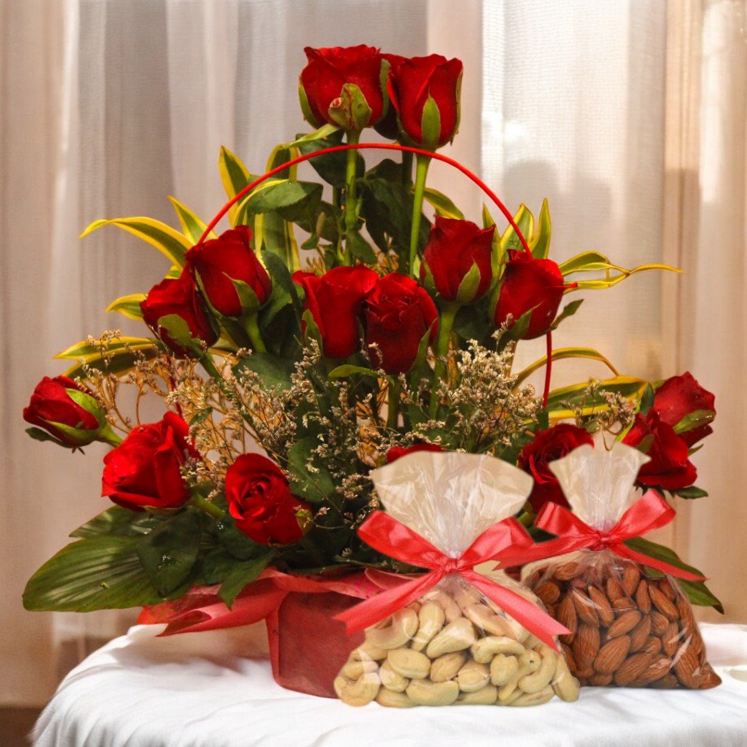 Red Roses Arrangement N Dry Fruits by BetterGiftFlowers – Fresh Red Roses and Premium Dry Fruits