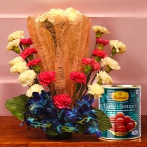 Fresh carnations and orchids with Haldiram's Gulab Jamun by BetterGiftFlowers.