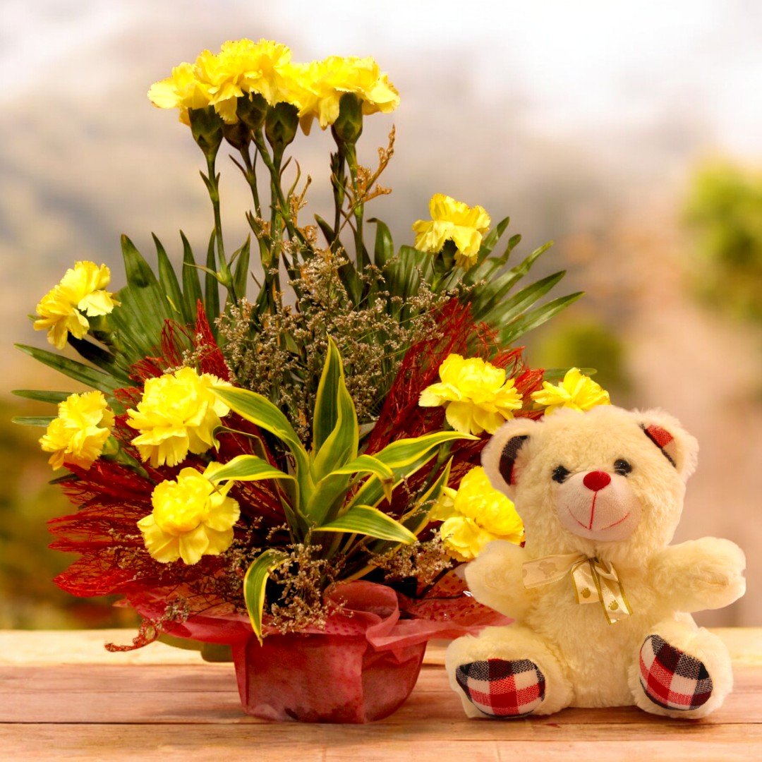 Yellow carnations bouquet with teddy bear by Better Gift Flowers