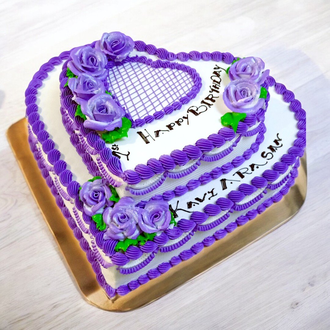 BetterGiftFlowers 2 Tier Heart Shape Cake with purple floral accents on a gold tray