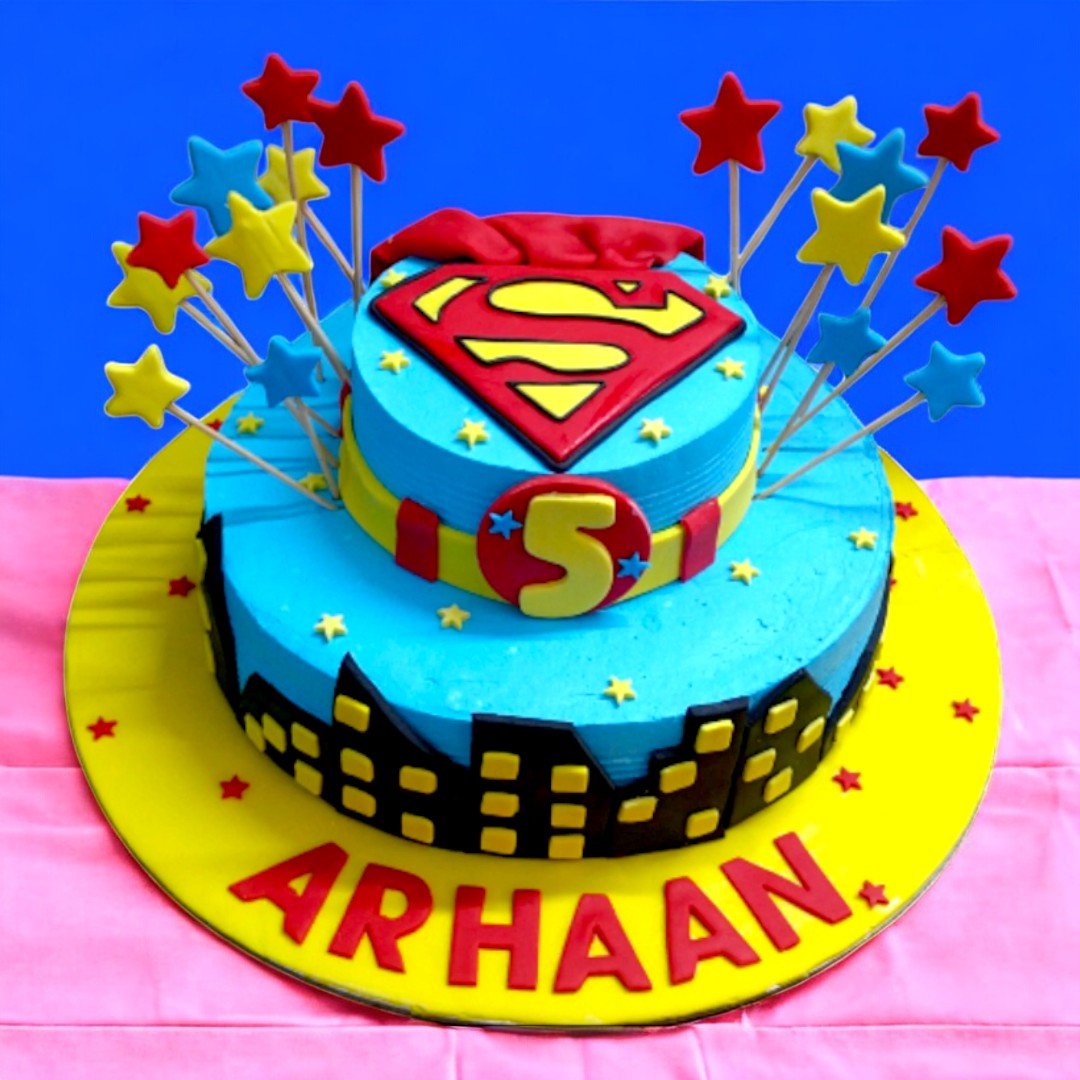 Superman Fondant Cake by BetterGiftFlowers with custom name and age topper