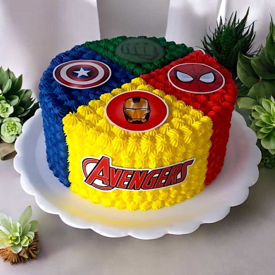 BetterGiftFlowers Avengers cake with Iron Man, Hulk, Captain America, and Spider-Man symbols