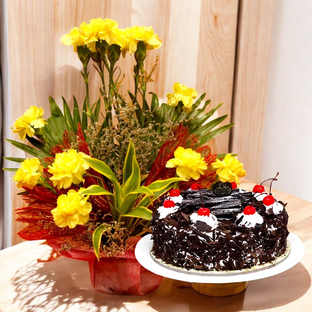 Yellow Carnations N Black Forest Cake from BetterGiftFlowers arranged with fresh yellow blooms and a delicious Black Forest cake.