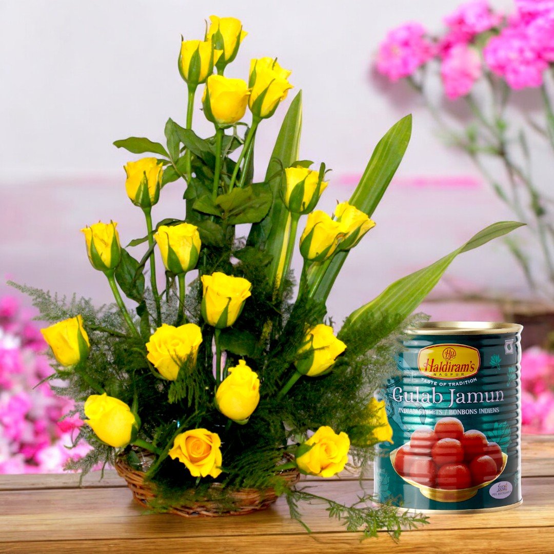 A vibrant yellow rose arrangement and Haldiram's Gulab Jamun gift set by Better Gift Flowers