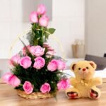 Expression of Love pink roses and teddy bear gift combo by BetterGiftFlowers.